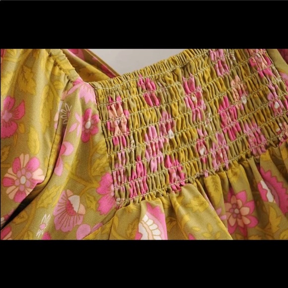 Boho Gypsy Dahlia Smocked Crop Peasant Top Floral gold mustard tie blouse - Picture 9 of 13